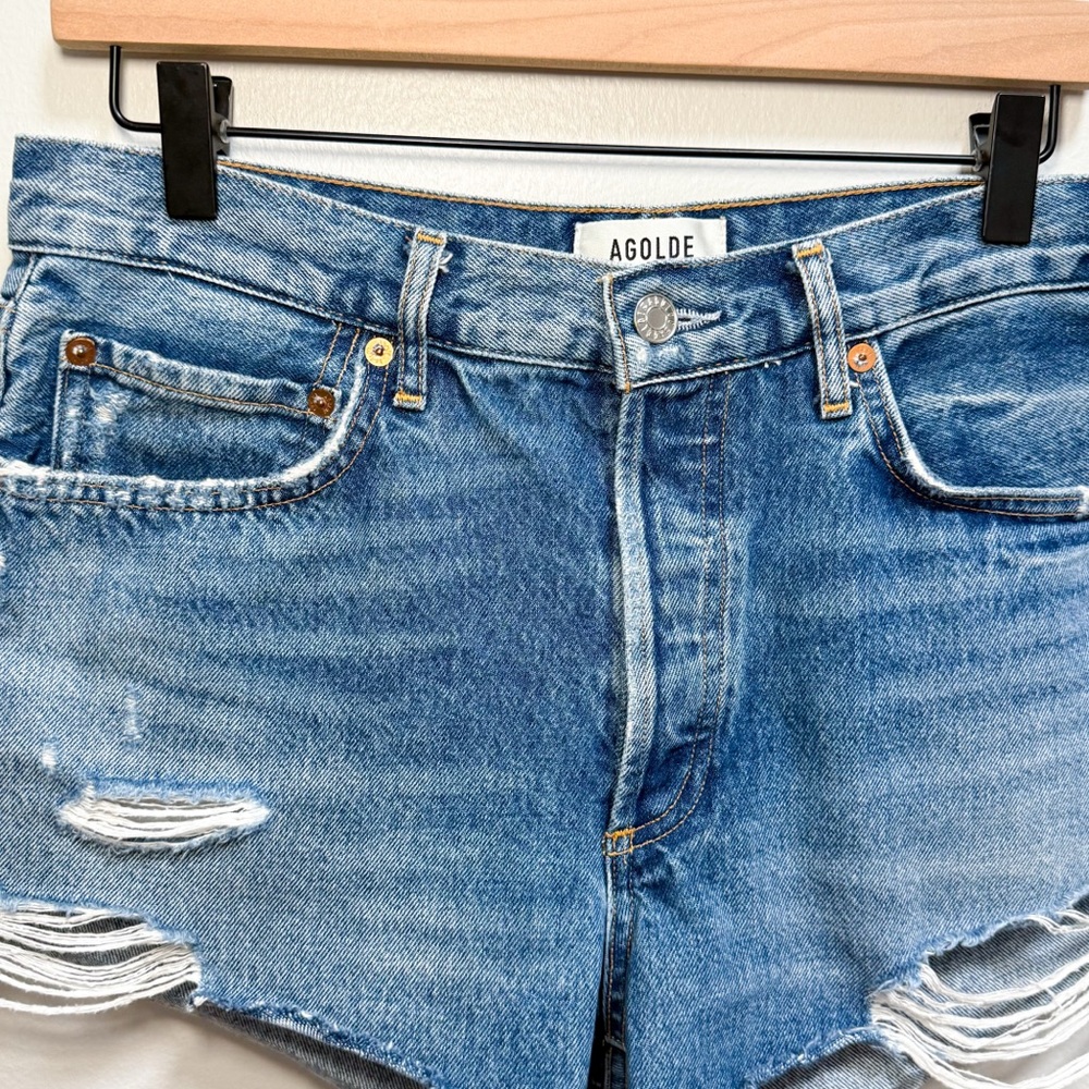 Agolde Parker denim shorts high rise distressed cutoff jean shorts western beach - Picture 6 of 12